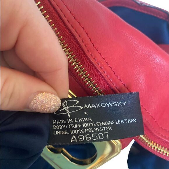 B. MAKOWSKY Red Leather Gold Hardware Tall Handles  Shoulder Bag Tote - Picture 9 of 12